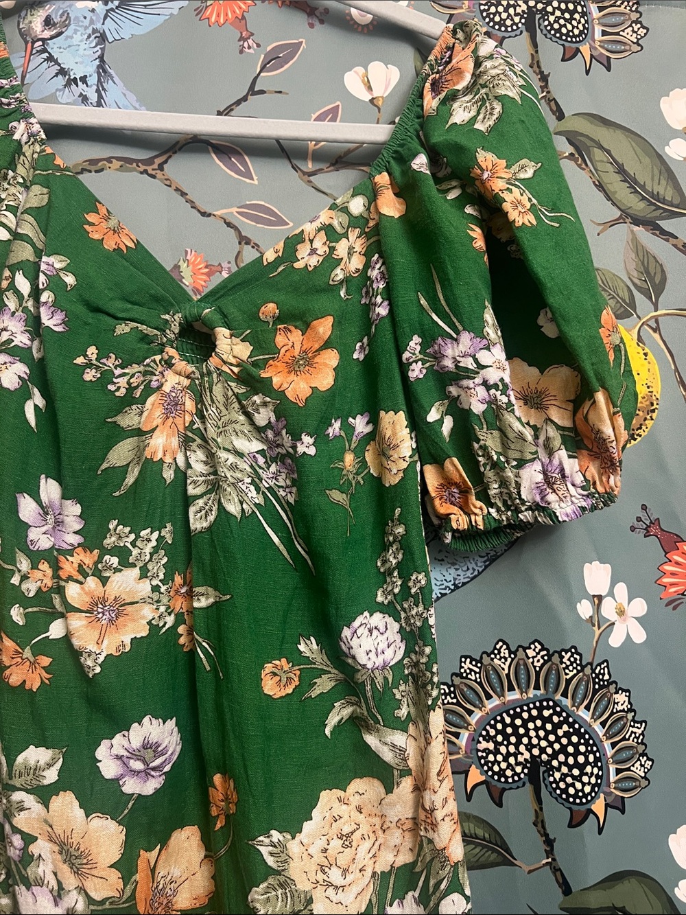 Green Floral Puff-Sleeve Mini Dress - Picture 2 of 7